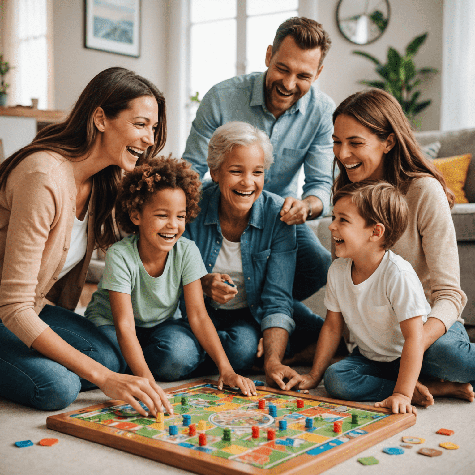 Familia feliz jugando a un juego de mesa en la sala de estar. Se ve a padres e hijos riendo y disfrutando juntos alrededor de un tablero colorido.