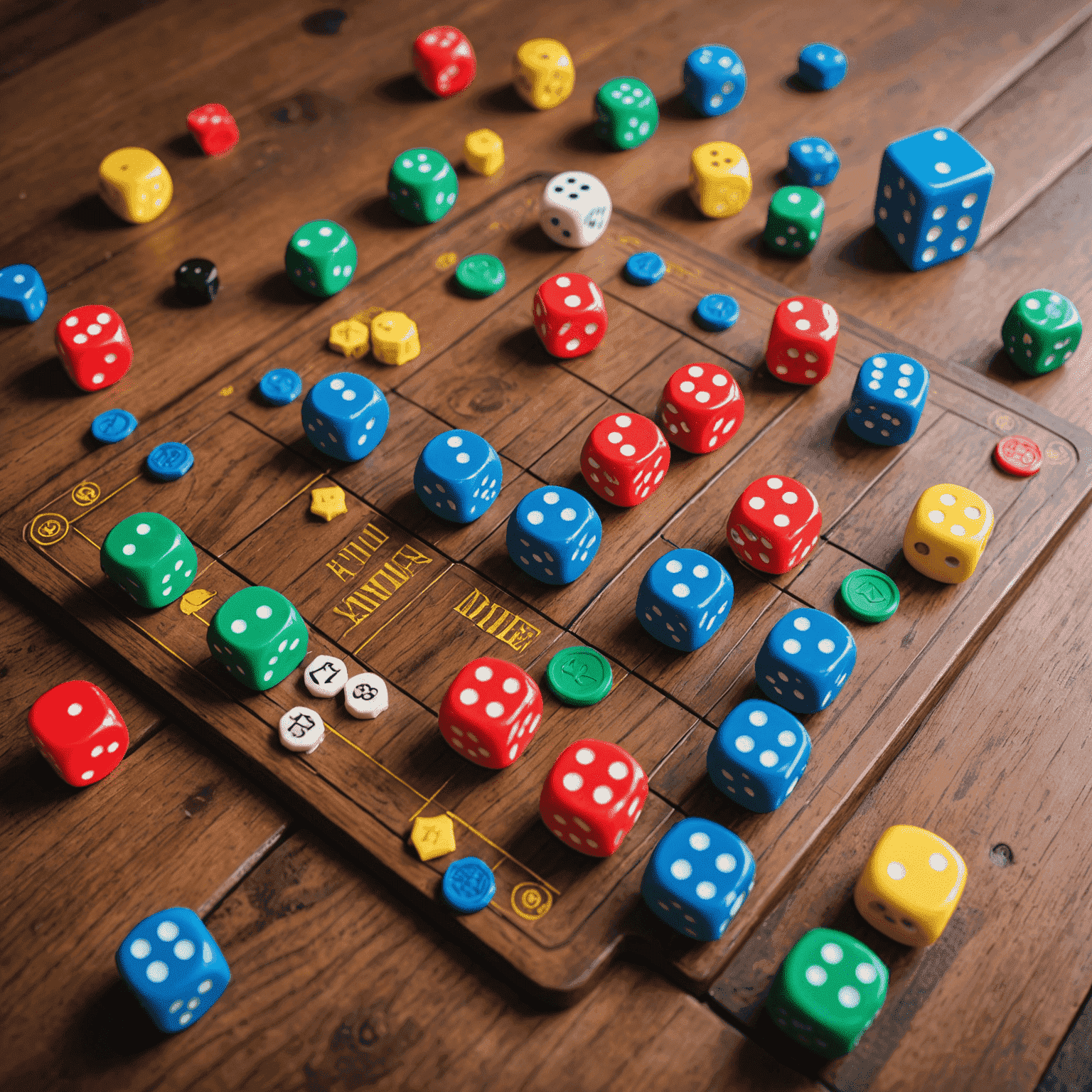 Cinco juegos de mesa familiares dispuestos en una mesa de madera, con fichas y dados coloridos