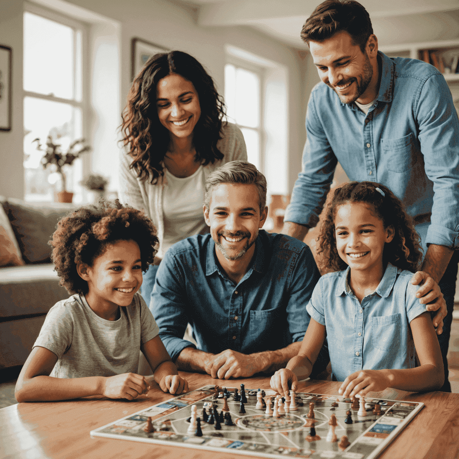 Cinco juegos de mesa populares dispuestos en una mesa con una familia sonriente jugando en el fondo