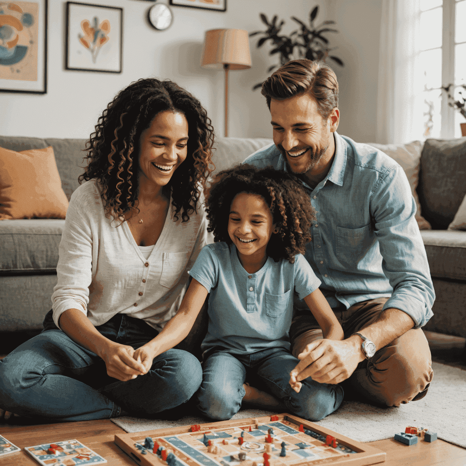 Una familia feliz jugando un juego de mesa en la sala de estar, con risas y diversión