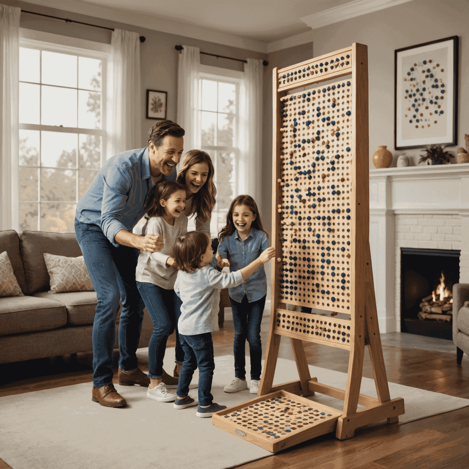 Familia jugando Plinko en la sala de estar, con sonrisas y emoción en sus rostros mientras la ficha cae por el tablero