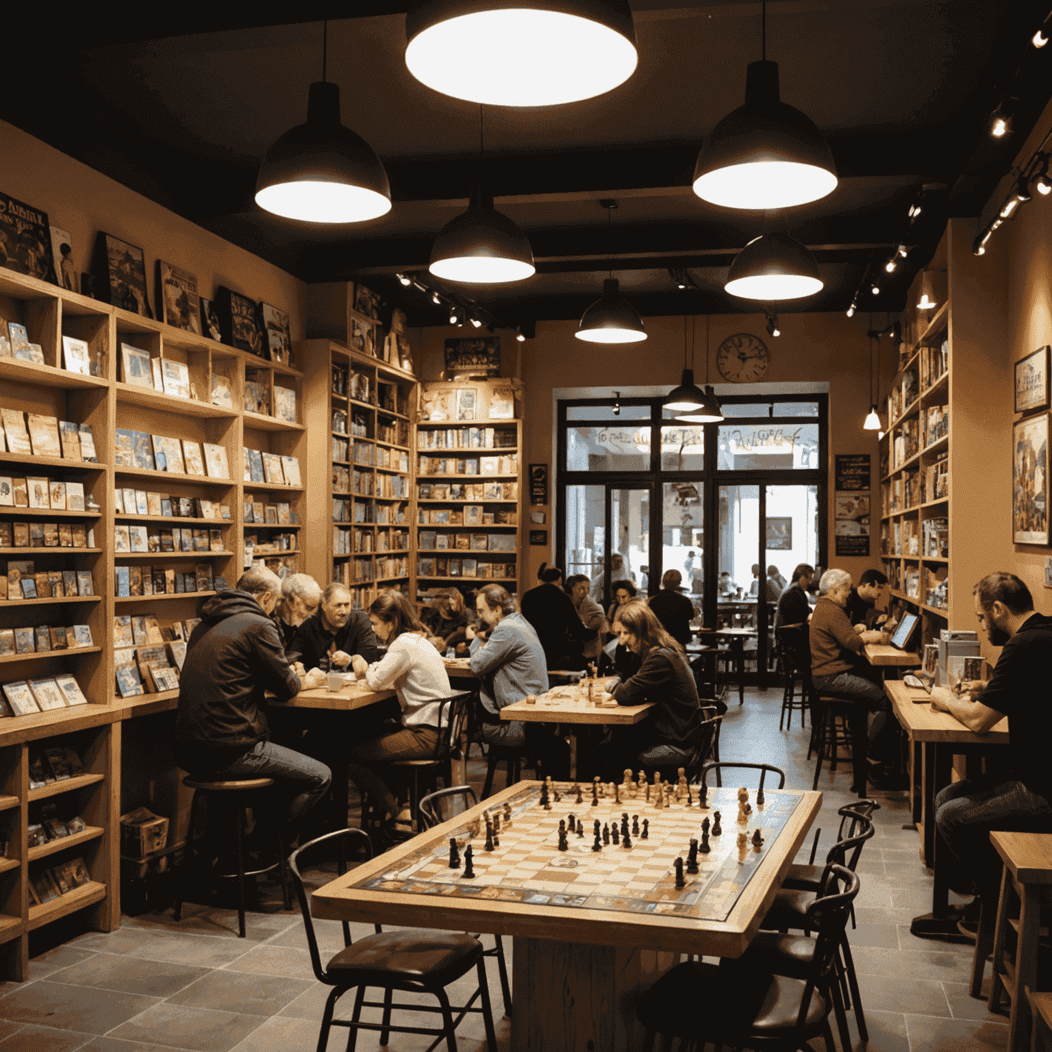 Interior de una cafetería de juegos de mesa en España, con estanterías llenas de juegos y mesas ocupadas por grupos de personas jugando