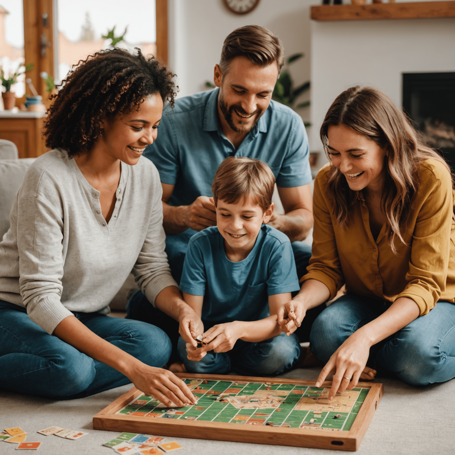 Familia feliz jugando un juego de mesa casero en la sala de estar