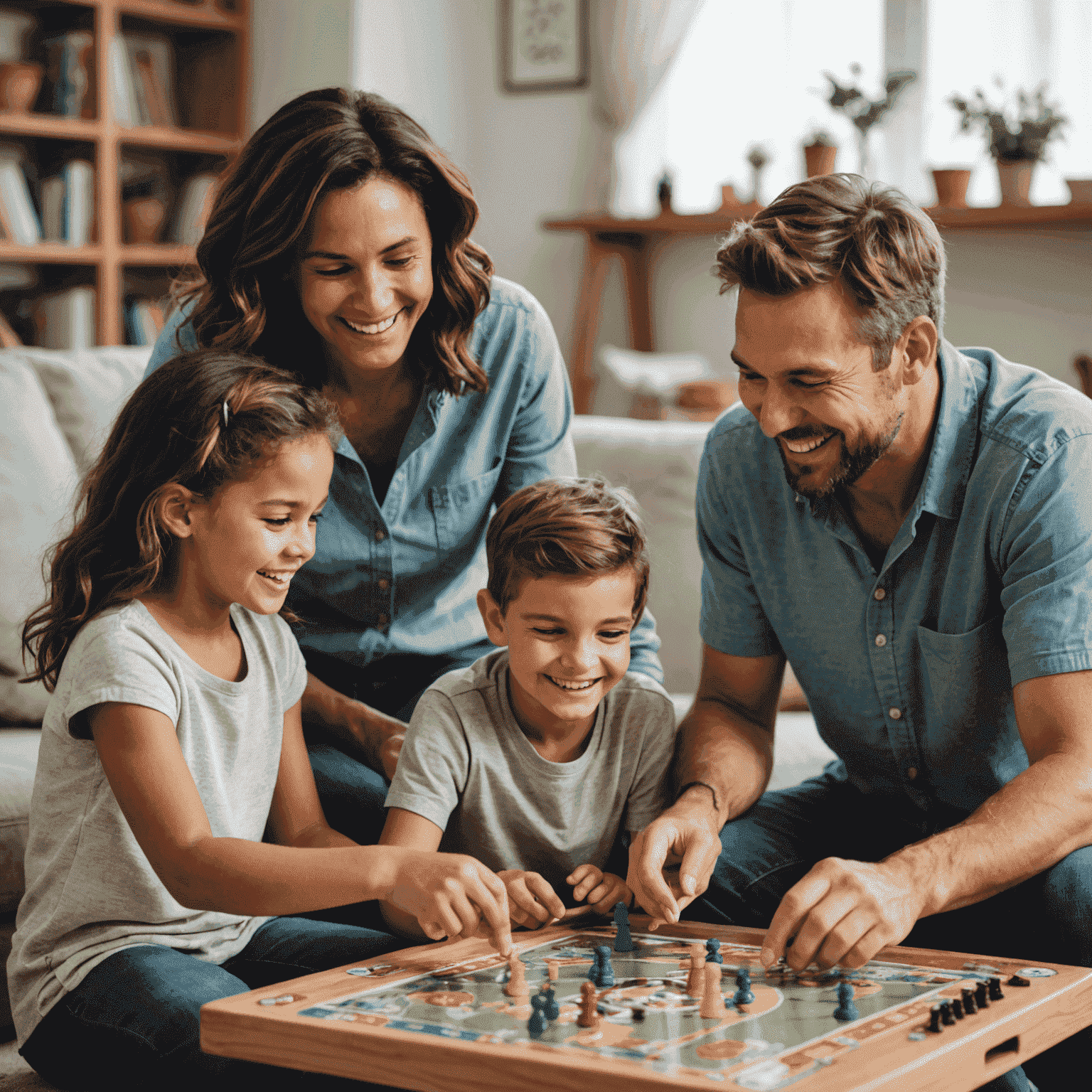 Familia feliz jugando un juego de mesa en la sala de estar, con sonrisas y concentración en sus rostros