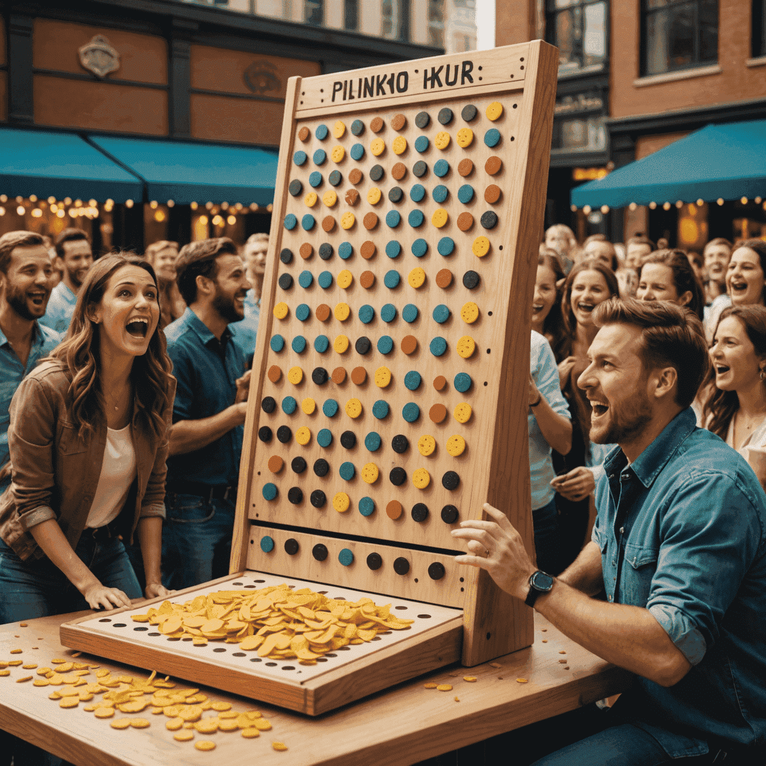 Tablero de Plinko con fichas cayendo y personas emocionadas observando