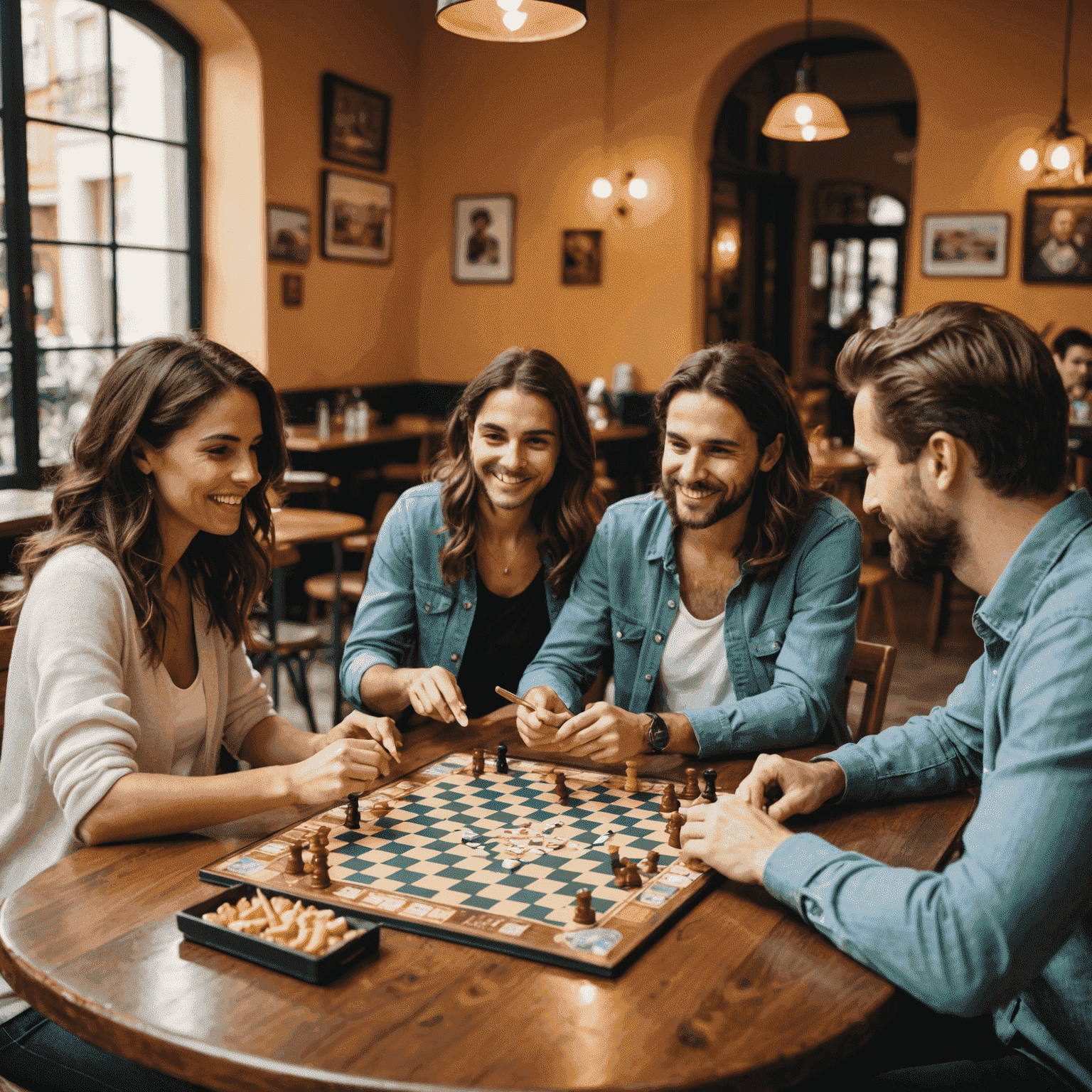 Grupo de amigos jugando un juego de mesa estratégico en una cafetería española, con bebidas y aperitivos en la mesa