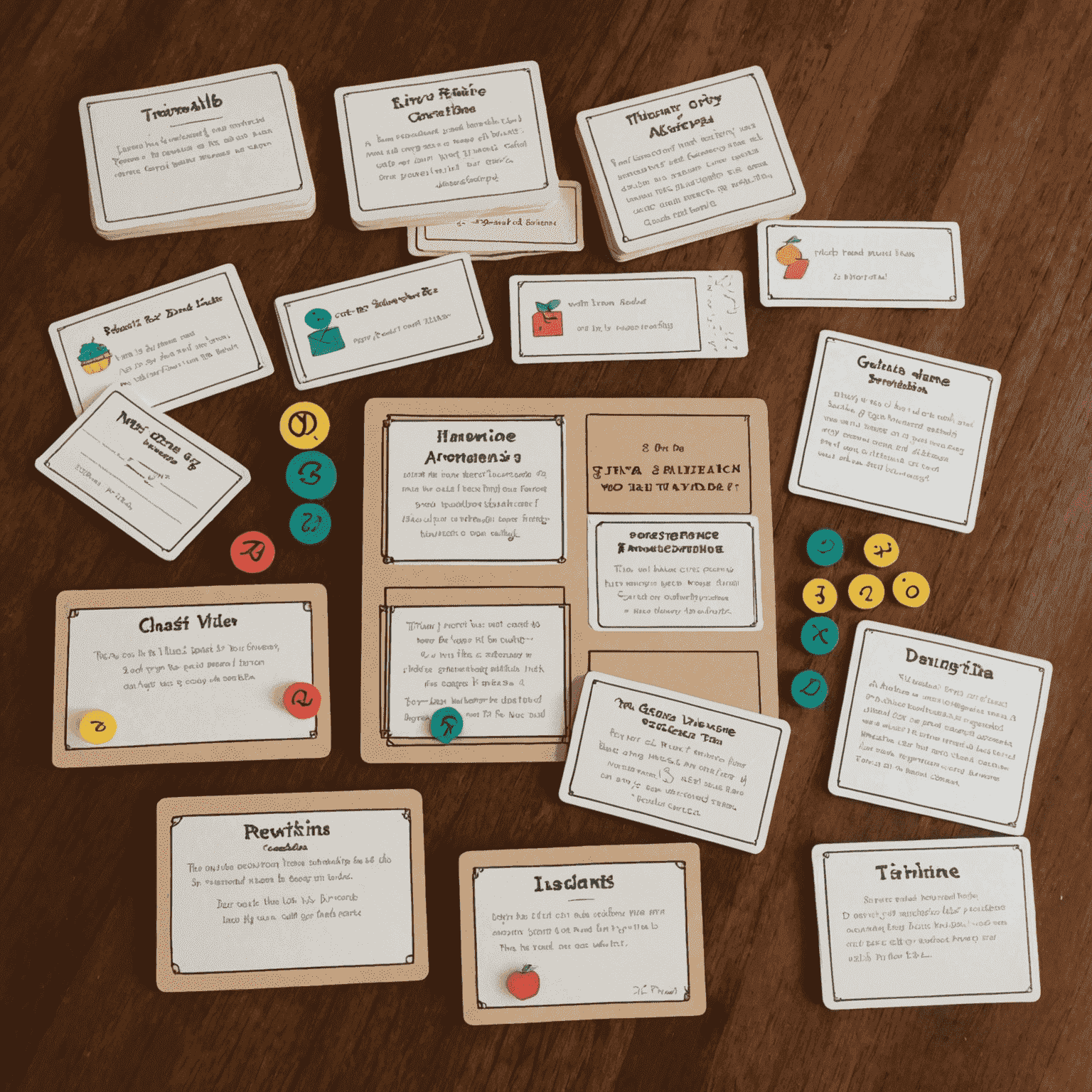 Materiales para crear un juego de trivial casero, incluyendo tarjetas de preguntas y un tablero hecho a mano