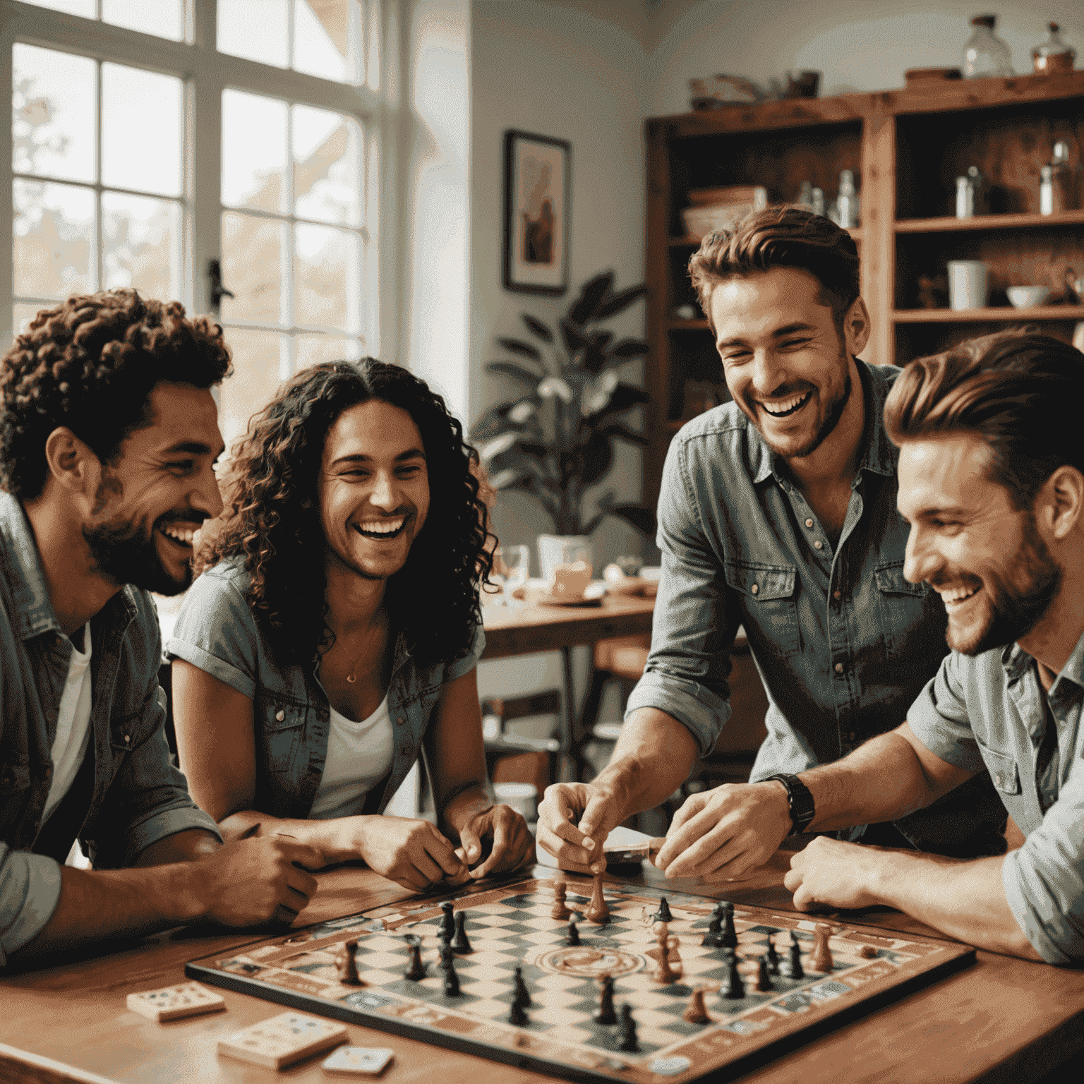 Grupo de amigos riendo y disfrutando de un juego de mesa estratégico en una mesa de comedor