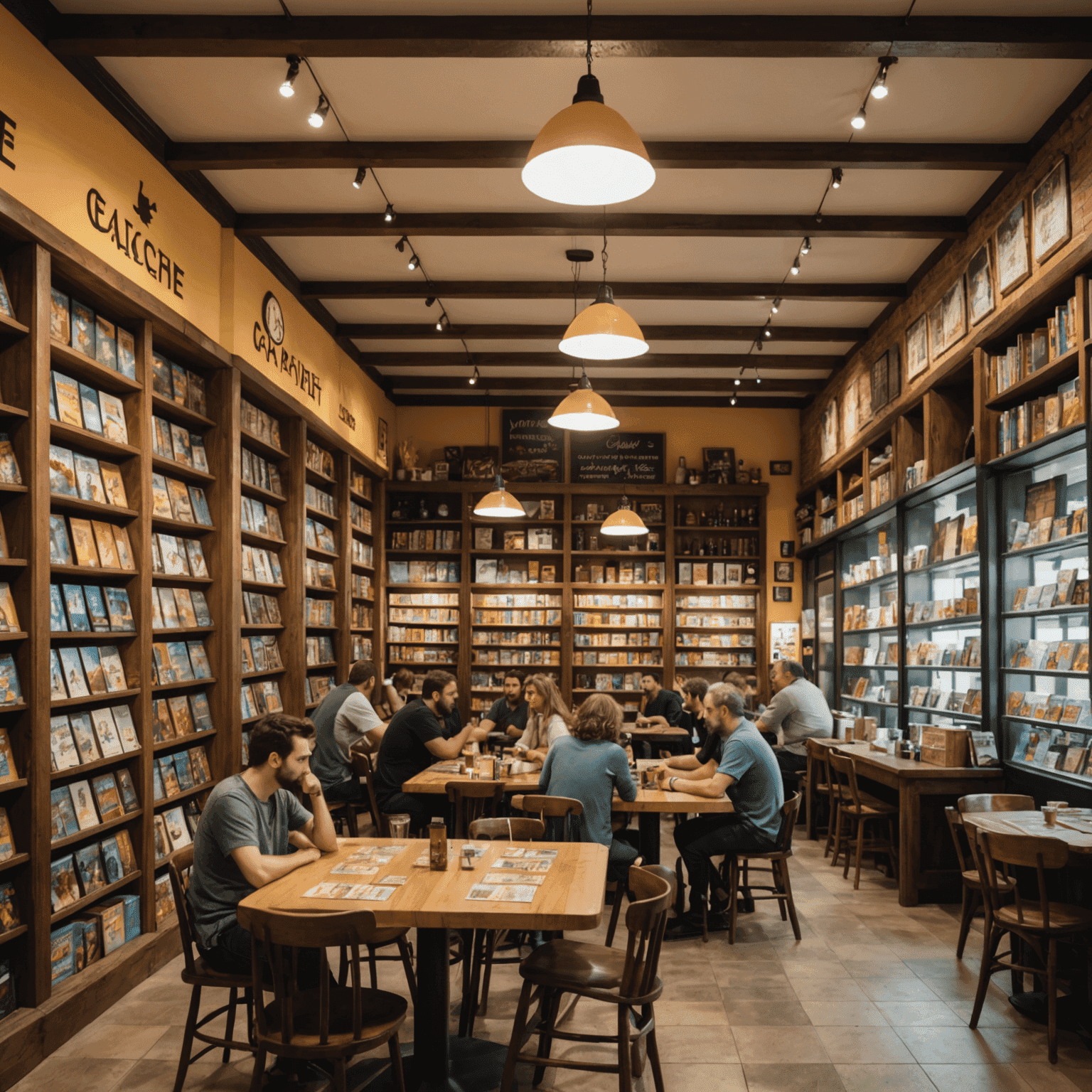 Interior de un café de juegos de mesa en España, con estanterías llenas de juegos y mesas con grupos jugando