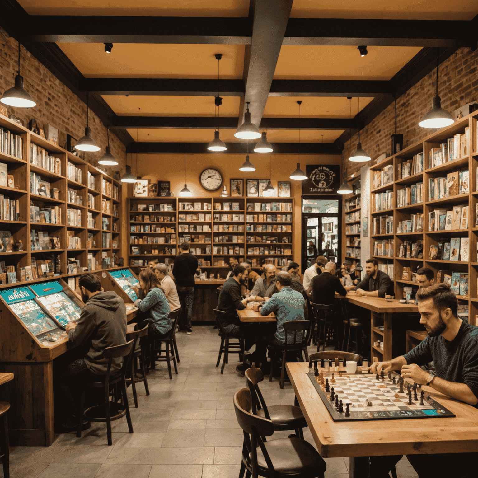 Interior de un café de juegos de mesa en España con estanterías llenas de juegos y personas jugando en mesas