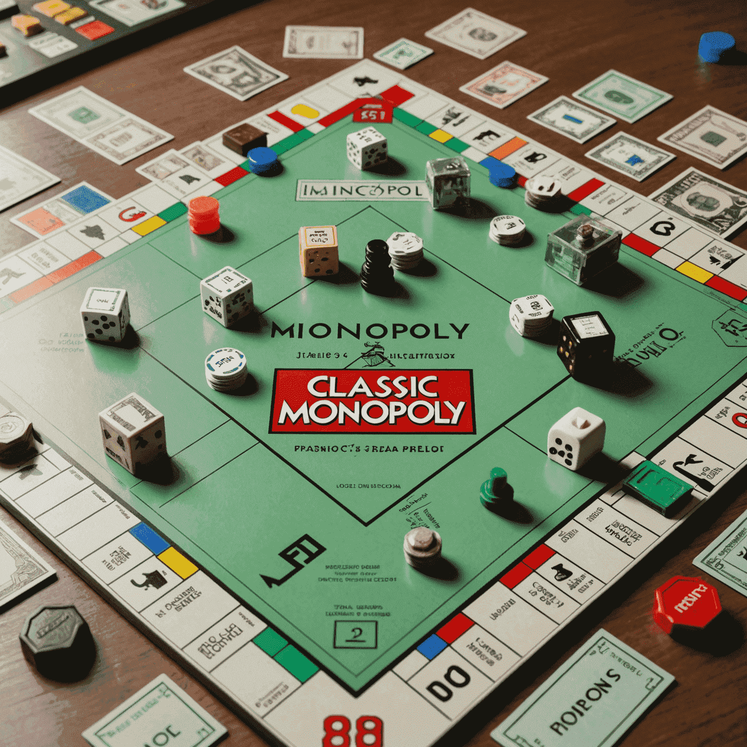 Tablero clásico de Monopoly con fichas, casas y hoteles