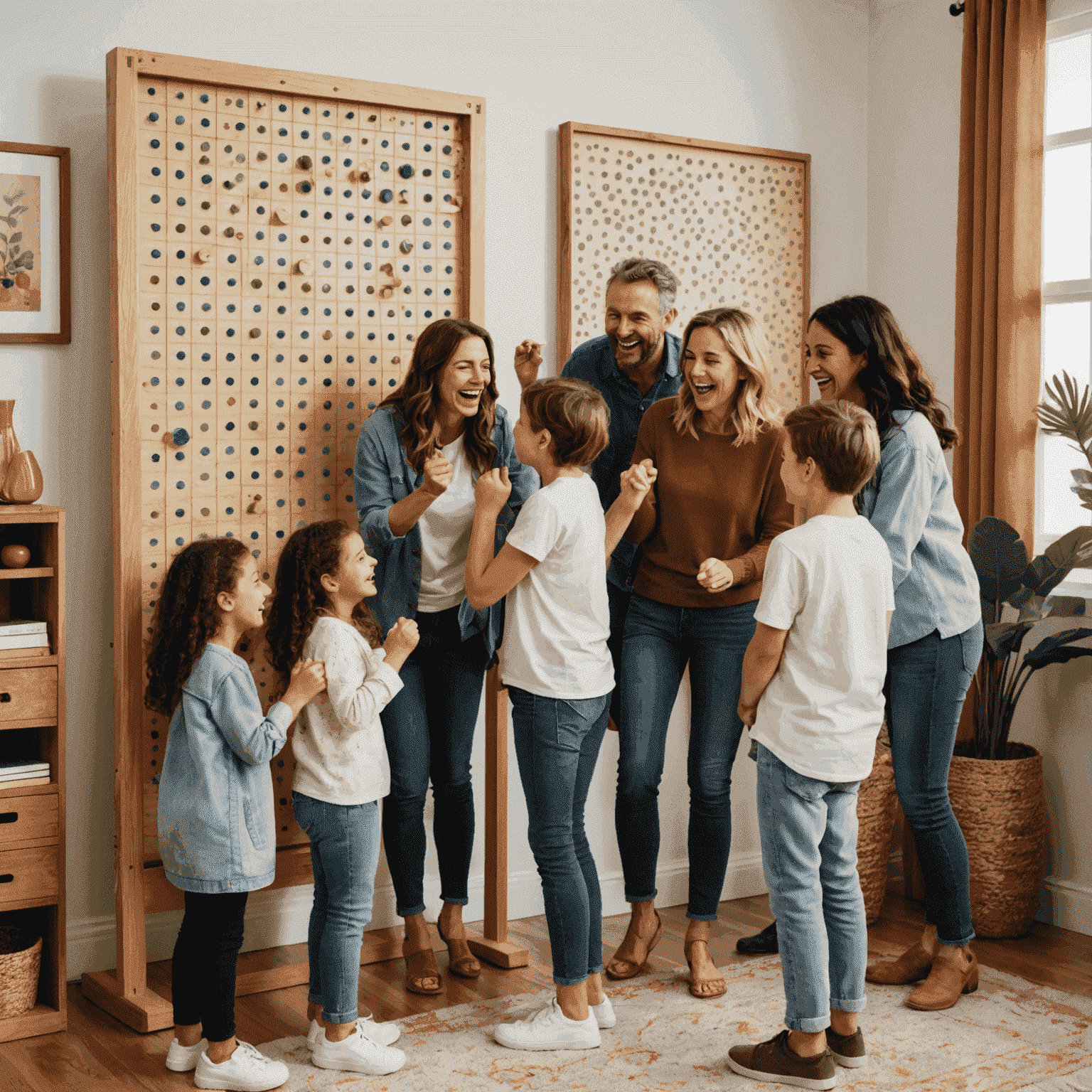 Grupo de amigos y familiares de diferentes edades reunidos alrededor de un tablero de Plinko, riendo y animando mientras juegan en un acogedor salón español