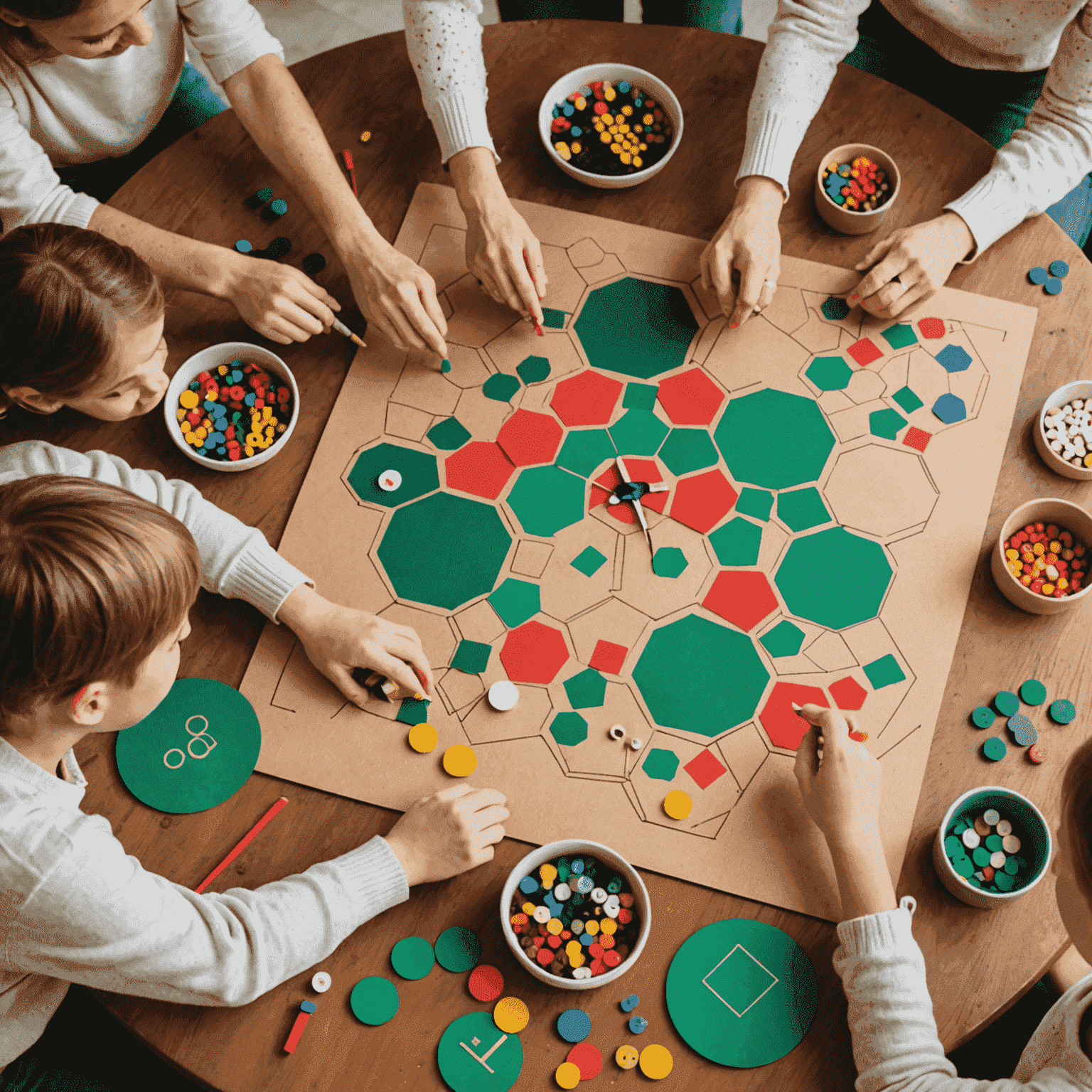 Familia creando un juego de mesa casero con materiales de manualidades