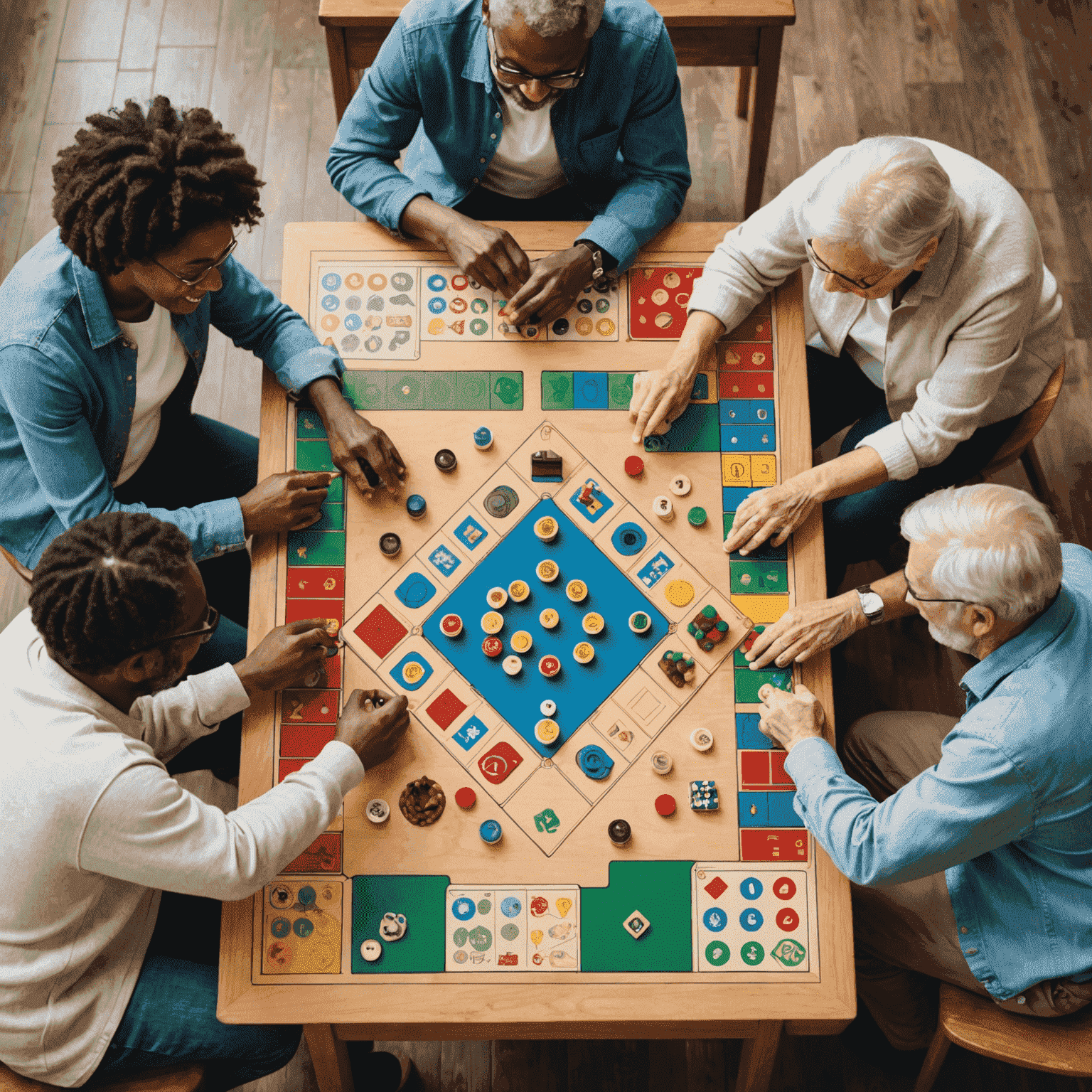 Grupo diverso de personas de todas las edades jugando juegos de mesa juntos, con iconos que representan beneficios cognitivos y sociales