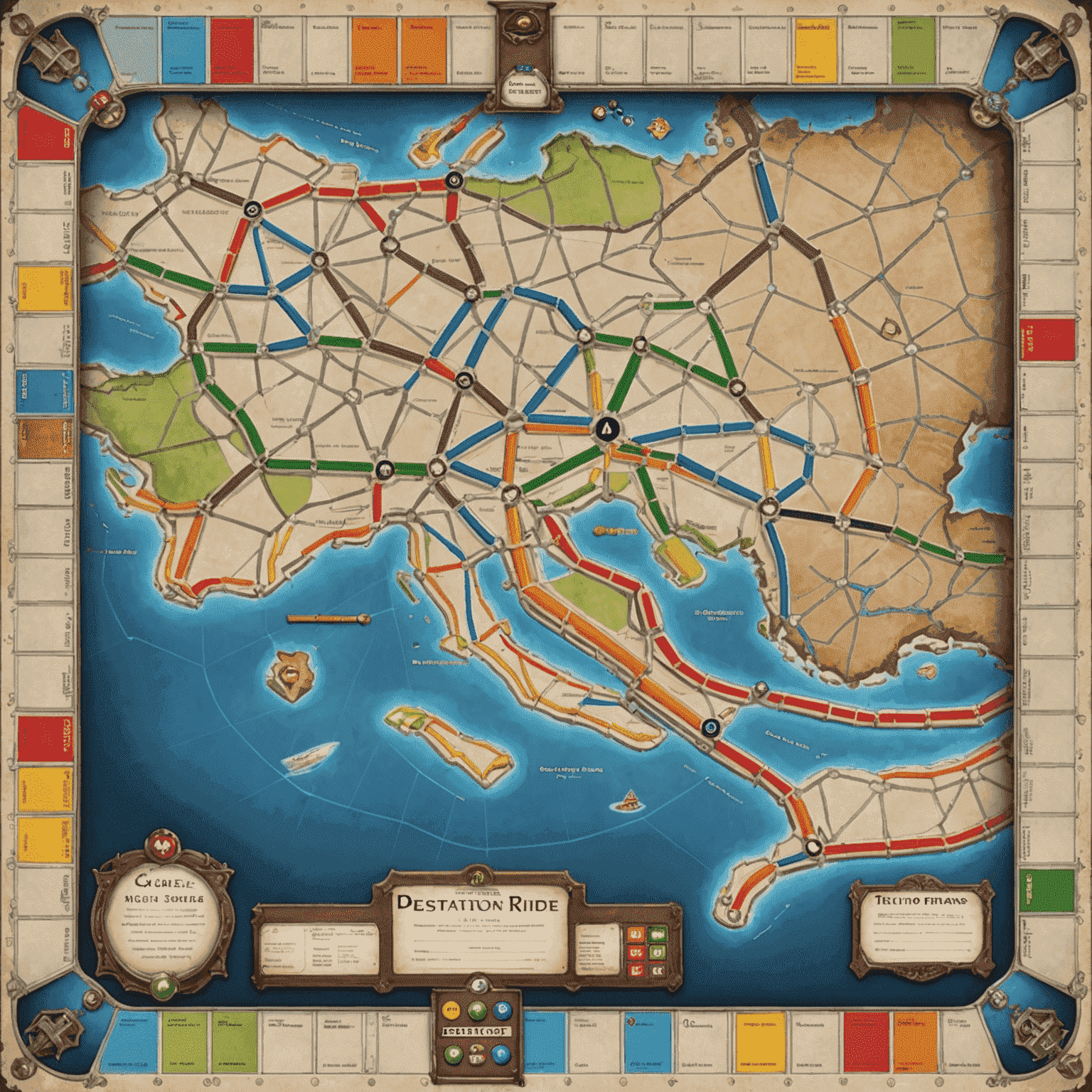 Tablero de Ticket to Ride con trenes de colores y cartas de destino