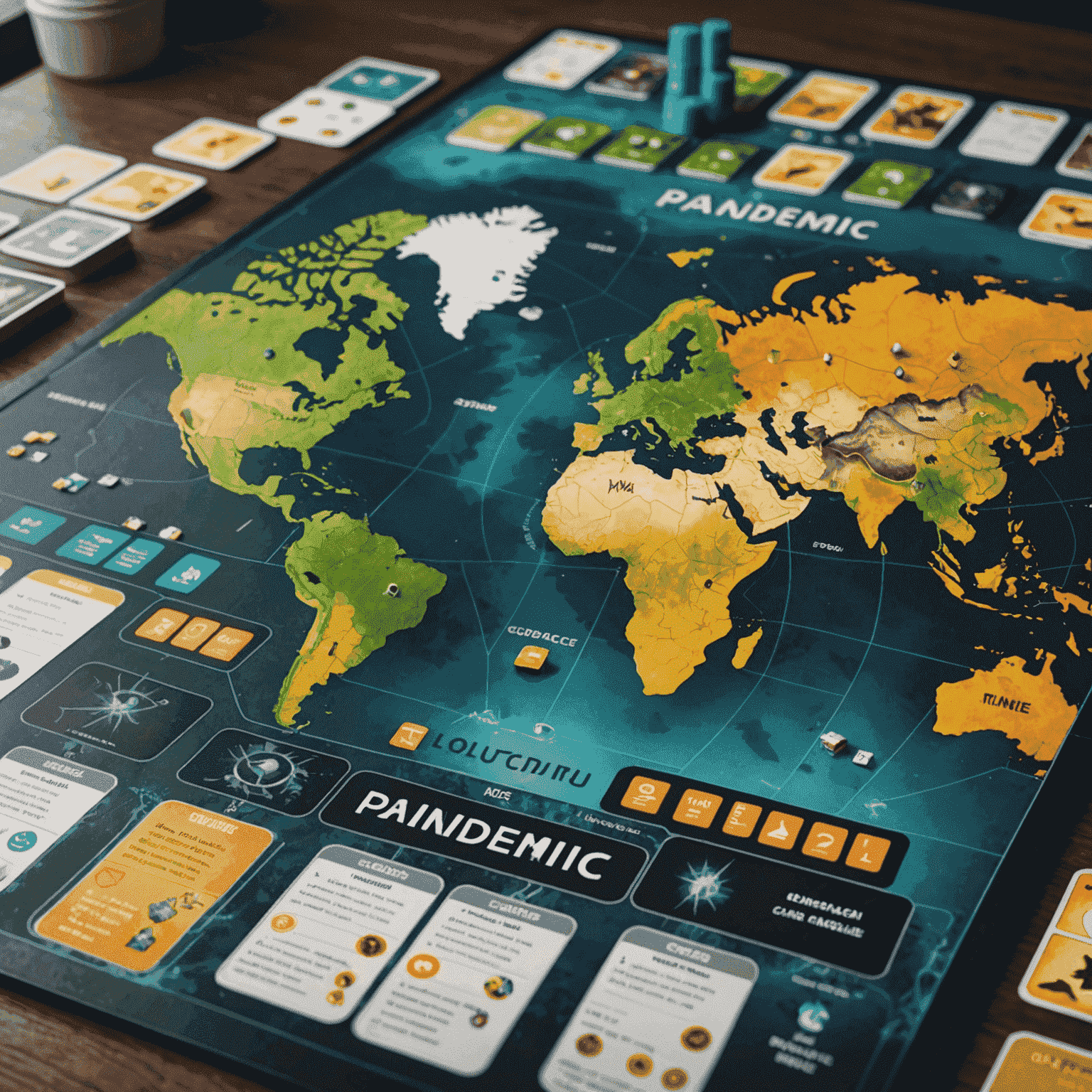 Tablero de Pandemic con fichas de enfermedades y cartas de jugador